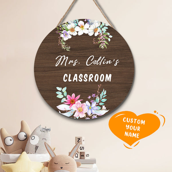 Custom Name Vintage Flower Door Hanger, Teacher Name Sign - 