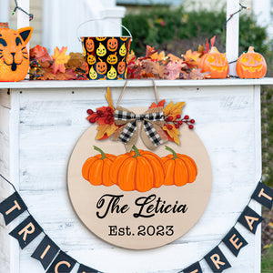 Personalized Wooden Last Name Sign Fall Pumpkin Welcome Door Sign Farmhouse Style Door Hanger Home Decor Gifts