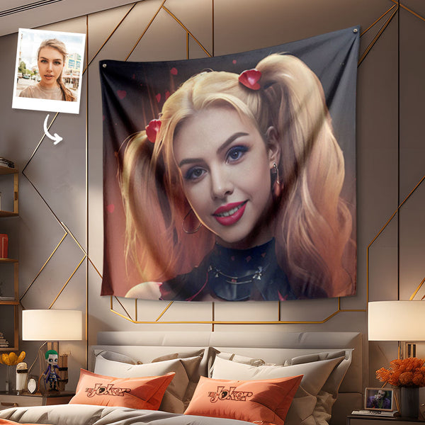 Custom Face Tapestry Harley Quinn Personalized Portrait from Photo Gift for Girls - customphototapestry