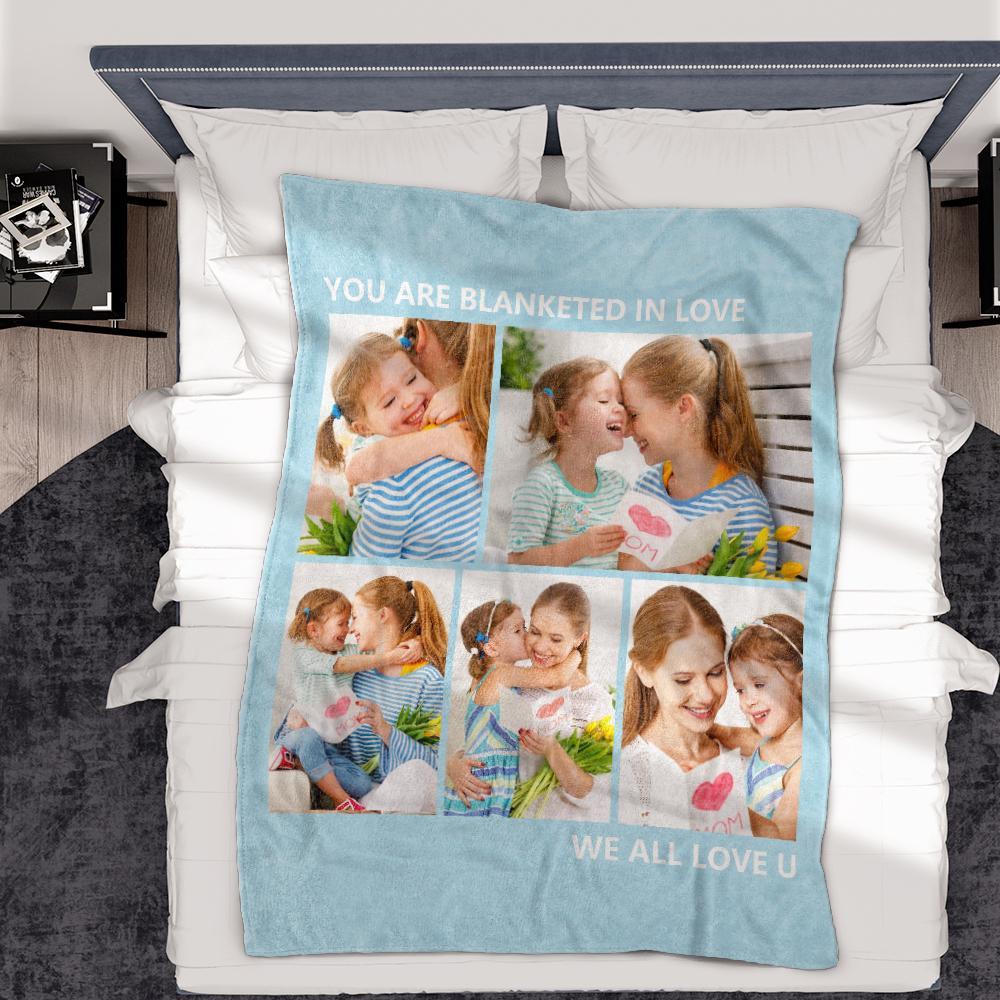 Gift for Family Personalized  Fleece Photo Blanket with 5 Photos