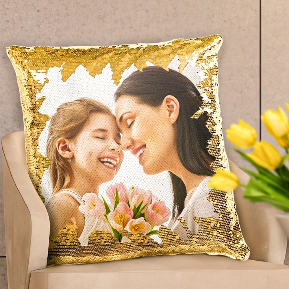 Gfit for Mom Custom Couple Photo Magic Sequins Pillow Multicolor Sequin Cushion 15.75inch*15.75inch