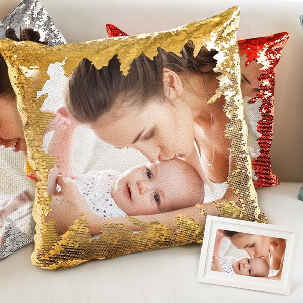 Father's Day Gift Custom Couple Photo Magic Sequins Pillow Multicolor Sequin Cushion 15.75inch*15.75inch