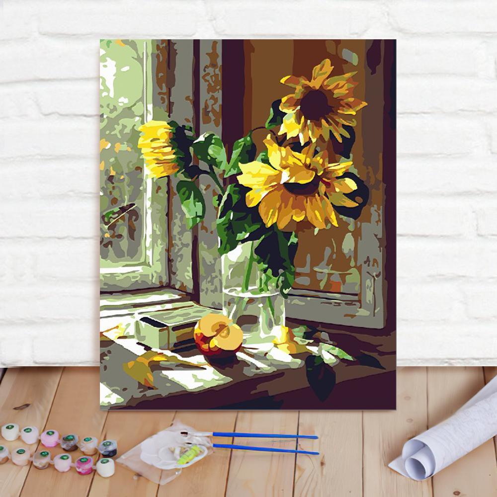 Custom Photo Painting Home Decor Wall Hanging-Sunflowers In Front Of The Window Painting DIY Paint By Numbers