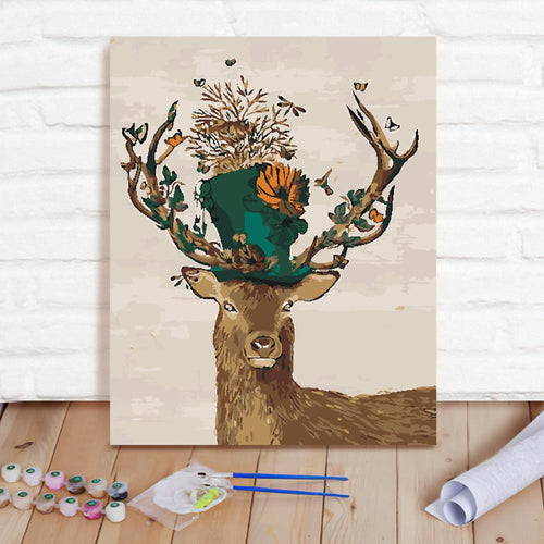Custom Photo Painting Home Decor Wall Hanging-Top Hat Flower Deer Painting DIY Paint By Numbers