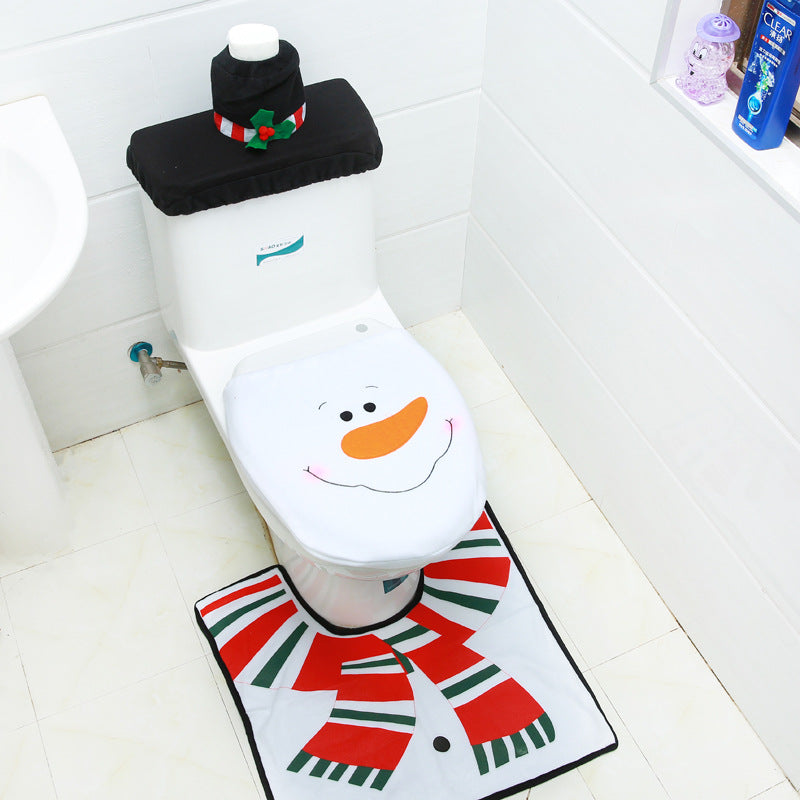 Toilet Cover,Snowman Toilet Cover, Floor Mat,Water Tank Cover,Paper Towel Set,Brushed cloth Three-piece Set Christmas Gift