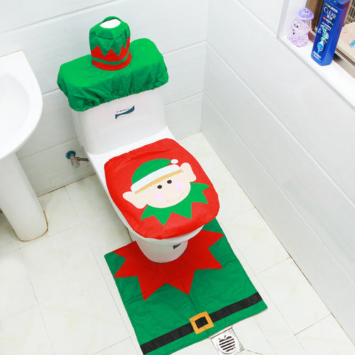 Toilet Cover,Elves Toilet Cover, Floor Mat,Water Tank Cover,Paper Towel Set,Felt cloth Three-piece Set Christmas Gift
