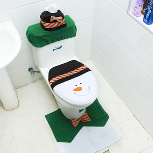 Toilet Cover,Green Snowman Toilet Cover, Floor Mat,Water Tank Cover,Paper Towel Set,Napped cloth Three-piece Set Christmas Gift