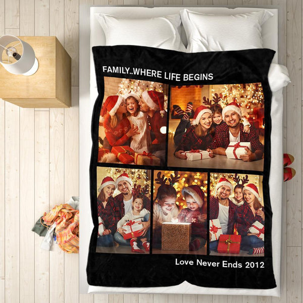 Personalized Family Fleece Photo Blanket with 5 Photos For Christmas Gifts Festival Gift
