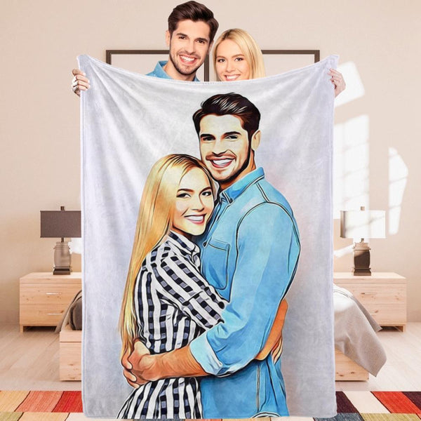 Personalized Gift Custom Couple Photo Painted Art Portrait Fleece Throw Blanket