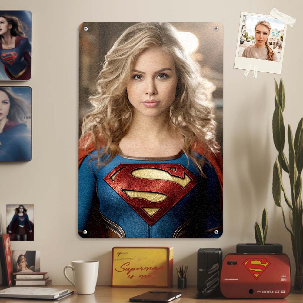 Personalized Face Superwoman Metal Poster Custom Photo Portrait Gifts for Her / Mother - customphototapestry