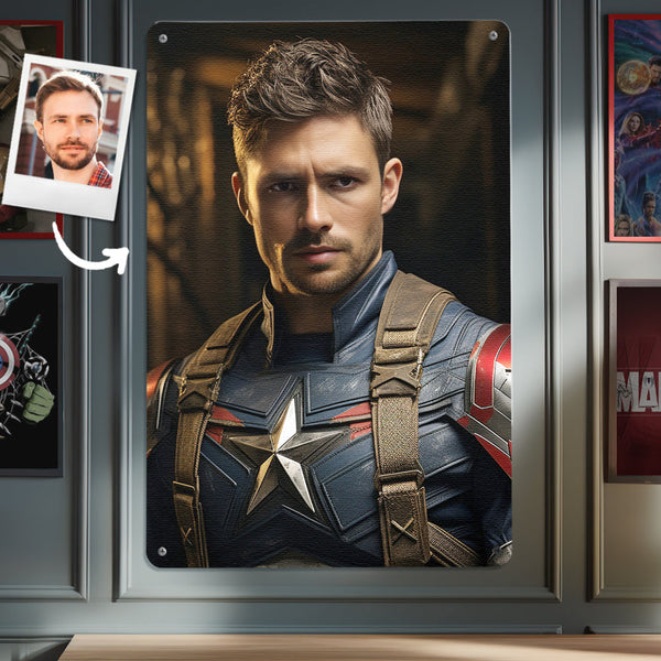 Personalized Face Captain America Metal Poster Custom Photo Gifts for Kids - customphototapestry