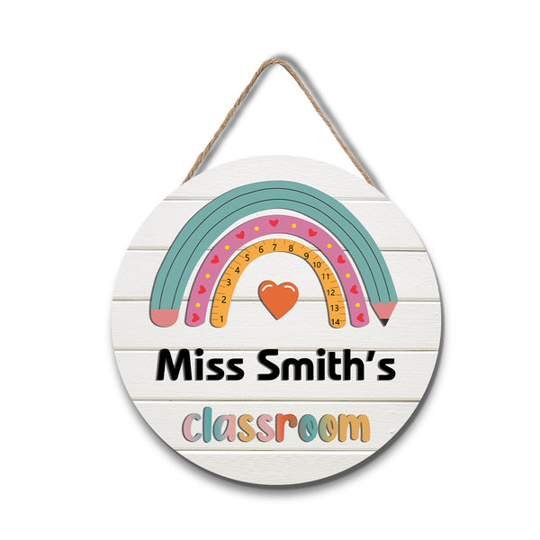 Custom Rainbow Pencil Classroom Door Sign with Name, Teacher Welcome Sign Gift - 