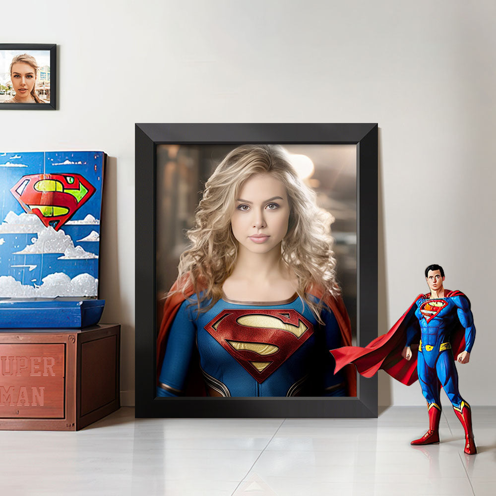 Custom Face Superwoman Personalized Photo Portrait Wooden Frame Gifts for Her / Mother - customphototapestry