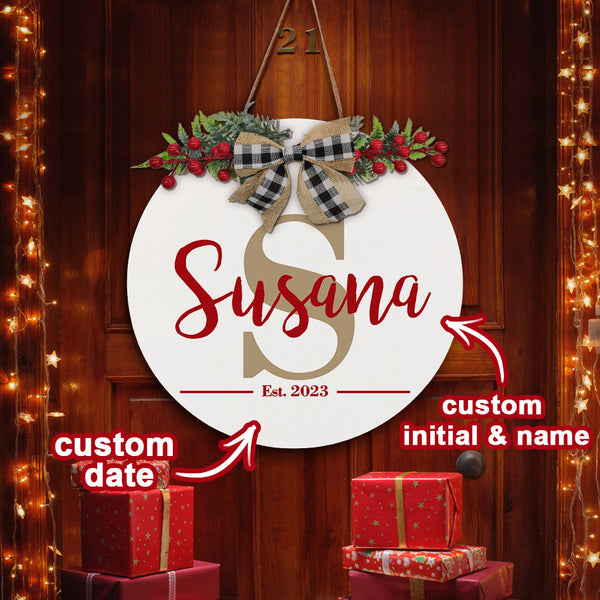Personalized Wooden Last Name Sign Christmas Welcome Door Sign Farmhouse Style Door Hanger - customphototapestry
