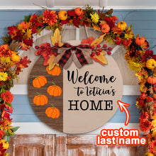 Personalized Wooden Last Name Sign Fall Pumpkin Welcome Door Sign Farmhouse Style Door Hanger - customphototapestry