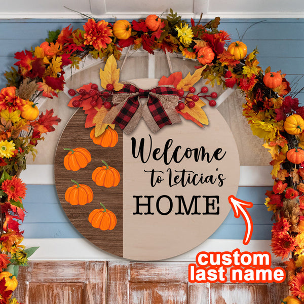 Personalized Wooden Last Name Sign Fall Pumpkin Welcome Door Sign Farmhouse Style Door Hanger - customphototapestry