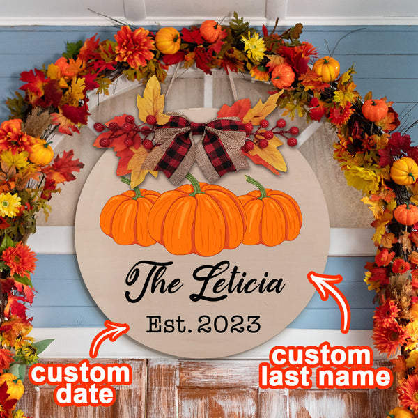 Personalized Wooden Last Name Sign Fall Pumpkin Welcome Door Sign Farmhouse Style Door Hanger Home Decor Gifts - customphototapestry