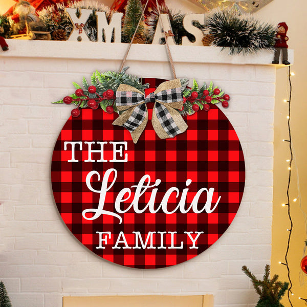 Personalized Wooden Family Name Sign Christmas Welcome Door Sign Farmhouse Style Door Hanger - customphototapestry