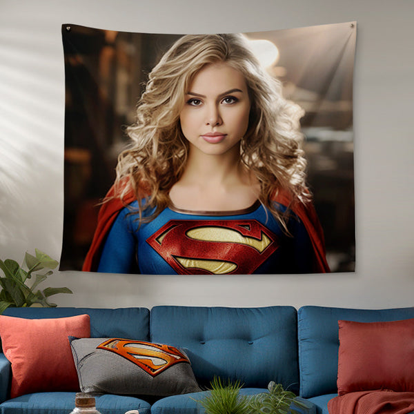 Personalized Face Superwoman Tapestry Custom Portrait from Photo Gifts for Kids / Girl - customphototapestry