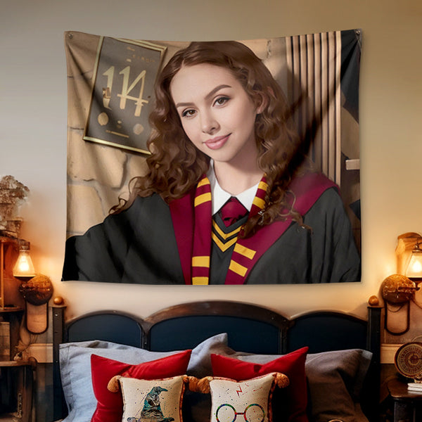 Custom Face Tapestry Hufflepuff Personalized Portrait from Photo Hogwarts Gift for Girls - customphototapestry