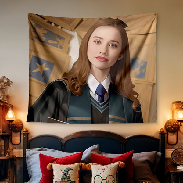 Custom Face Tapestry Slytherin Personalized Portrait from Photo Hogwarts Gift for Girls - customphototapestry