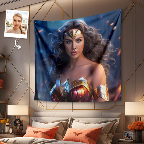 Wonder Woman Custom Face Tapestry Personalized Portrait from Photo Wall Decor