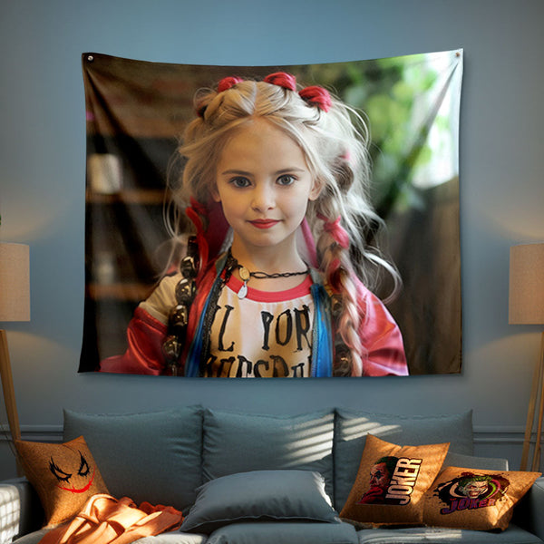 Harley Quinn Custom Face Tapestry Personalized Portrait from Photo Wall Decor - customphototapestry