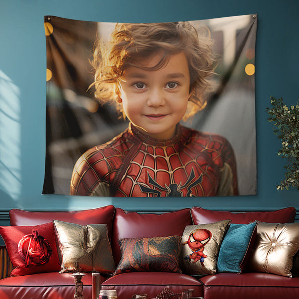 Custom Face Spiderman Tapestry Portrait from Personalized Photo Wall Decor Gifts for Him - customphototapestry