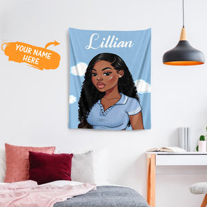 Custom Name Tapestry Black Girl with Golden Butterfly Home Decor for Hanging the Wall