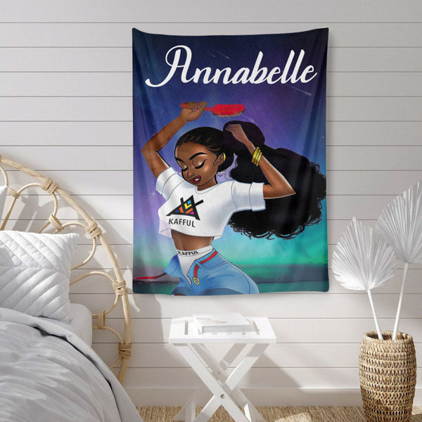 Purple Space Pony Tail Black Girl Custom Name Tapestry Home Decor for Hanging the Wall