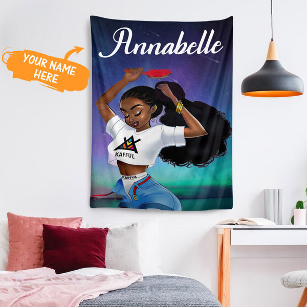 Purple Space Pony Tail Black Girl Custom Name Tapestry Home Decor for Hanging the Wall