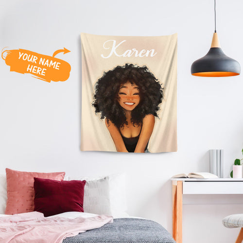 African American Black Girl Long Curly Hair Pink Bedding Custom Name Comforter Tapestry