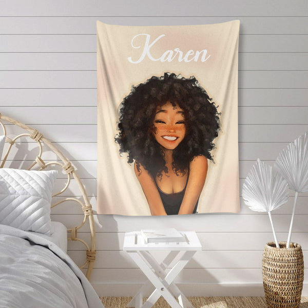 African American Black Girl Long Curly Hair Pink Bedding Custom Name Comforter Tapestry