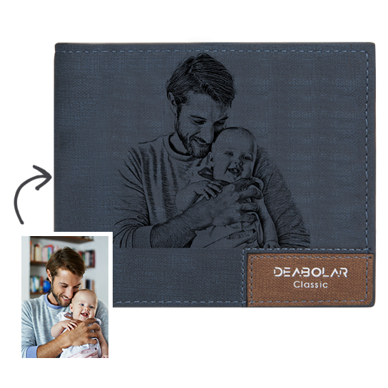 Men's Custom Photo Wallet - Blue Leather Father's Day Gift