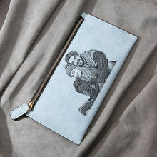 Women's Custom Inscription Photo Engraved Zipper Wallet - Light Blue Leather