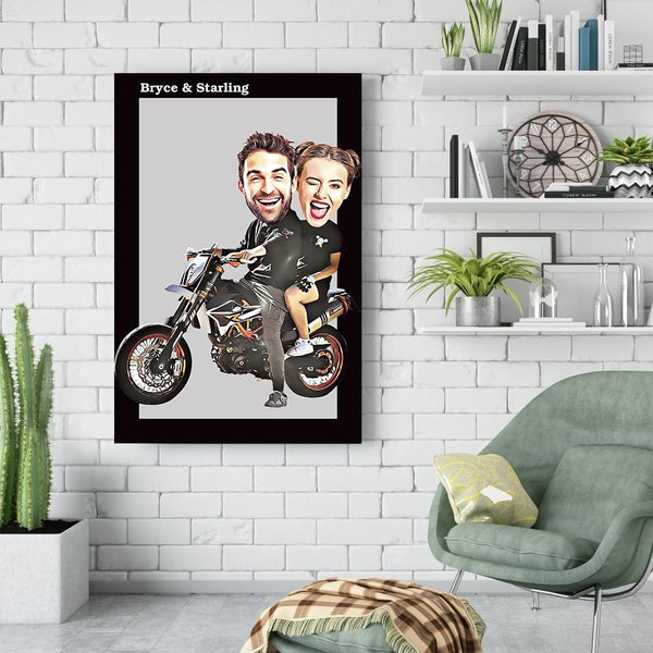 Personalized Couple Photo Motorcycle Canvas Print Wall Art Decor with Custom Name