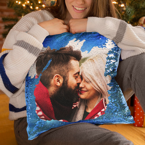 Custom Couple Photo Sequin Pillow Multicolor Sequin Cushion 15.75inch*15.75inch - Christmas Gift