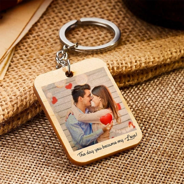 Custom Keychain Personalized Photo and Date Wooden Key Ring for Christmas Gift