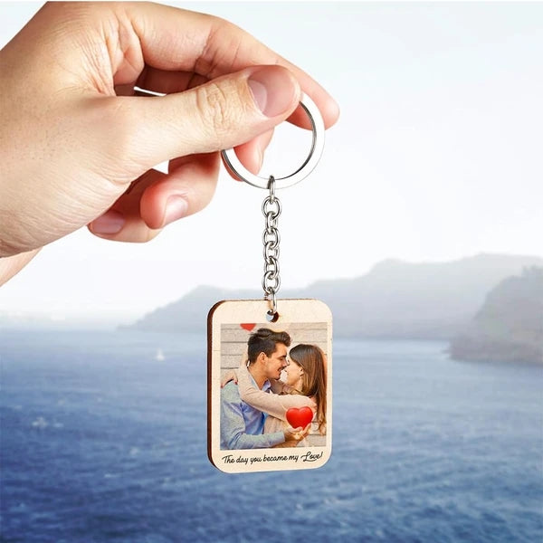 Custom Keychain Personalized Photo and Date Wooden Key Ring for Christmas Gift