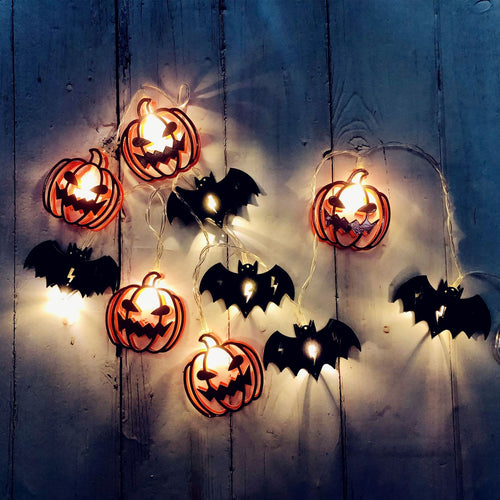 Long Halloween Decorative LED Light Home School Bar Decoration Festival Decor Pumpkin-Bat-Warm White Light