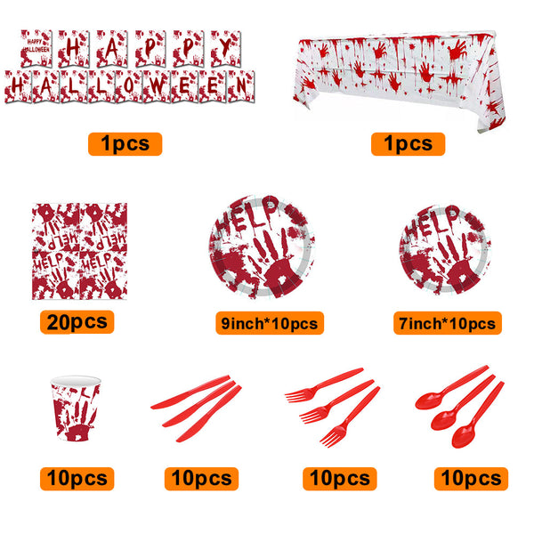Halloween Party Bloody Hands Disposable Tableware Kits Halloween Party Decorations Supplies 82pcs