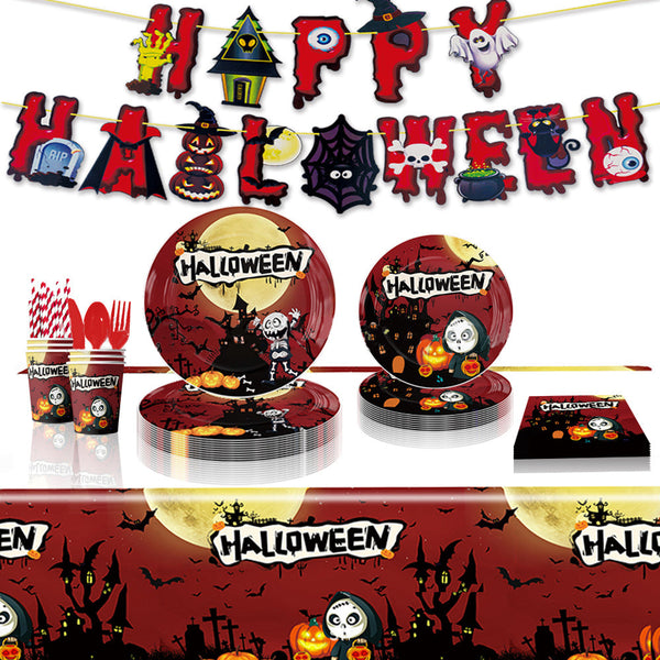 Halloween Party Disposable Tableware Tablecloth Kits Halloween Party Decorations Supplies 92pcs