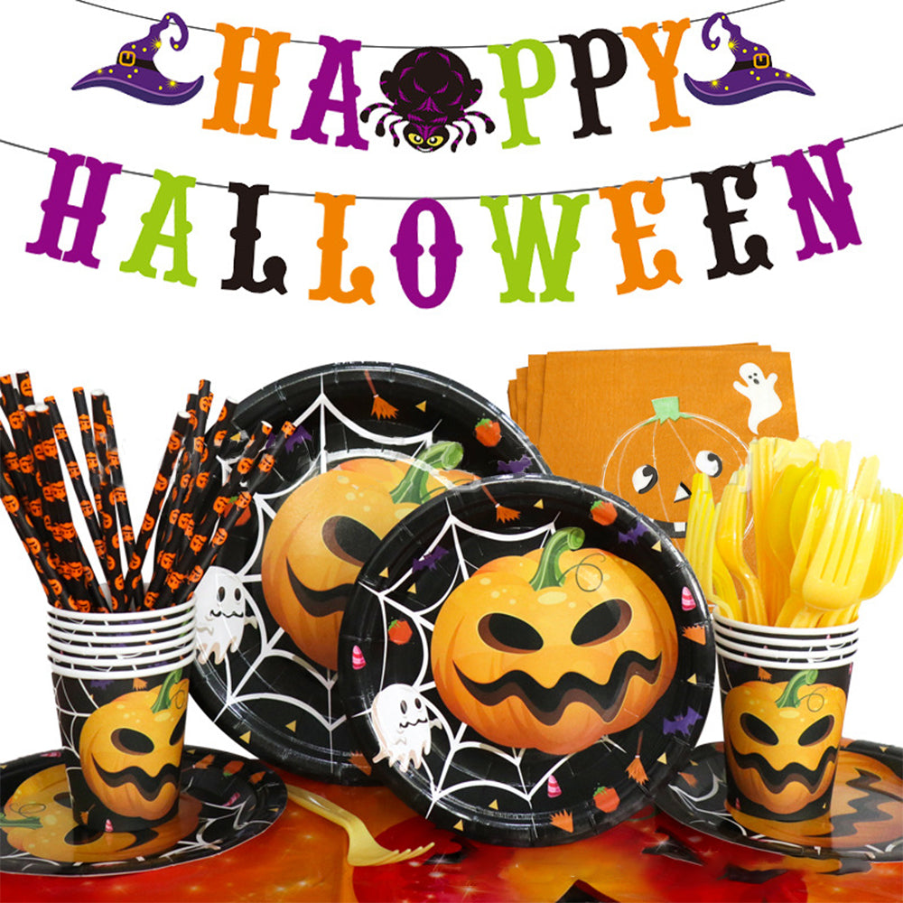 Halloween Pumpkin Design Disposable Tableware Tablecloth Banner Kits Halloween Party Decorations Supplies 82pcs