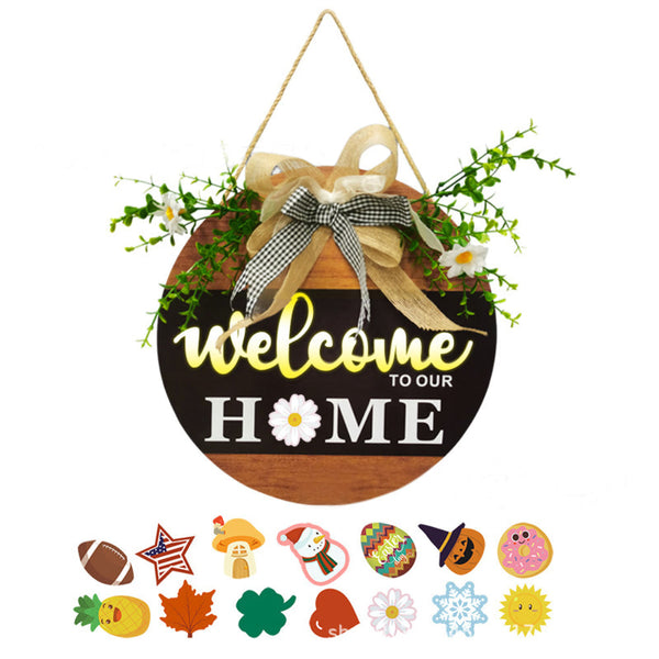 Welcome Sign with Light for Front Door Wood Farmhouse Wreath Porch Decor Hanging Decoration Gifts