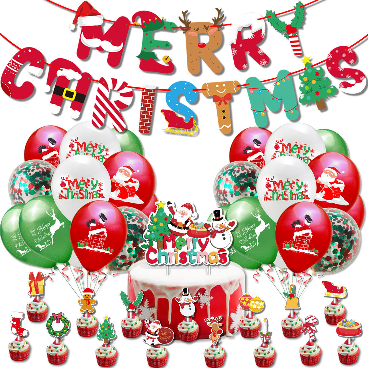 Christmas Balloons Set with Banner and Cake Topper for Christmas Party Decorations - customphototapestry