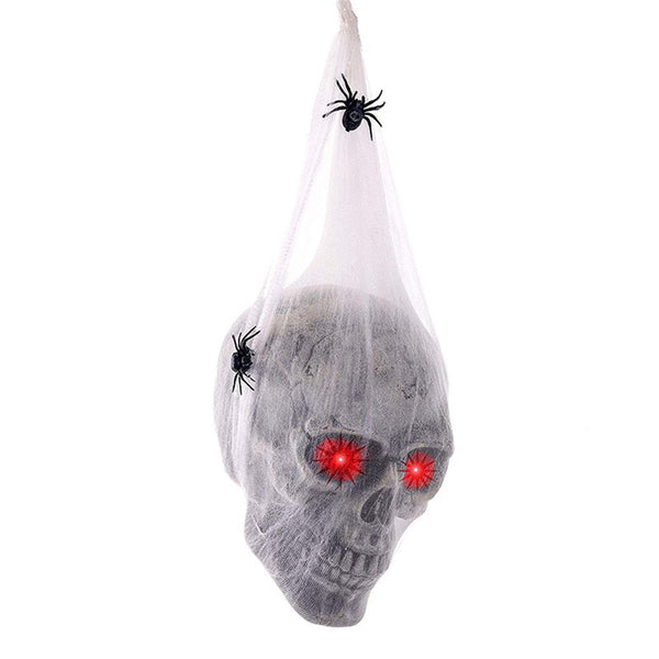 Halloween Animated Hanging Skulls Head Covered with Spider Webs and Light Up Eyes Halloween Party Decorations - customphototapestry