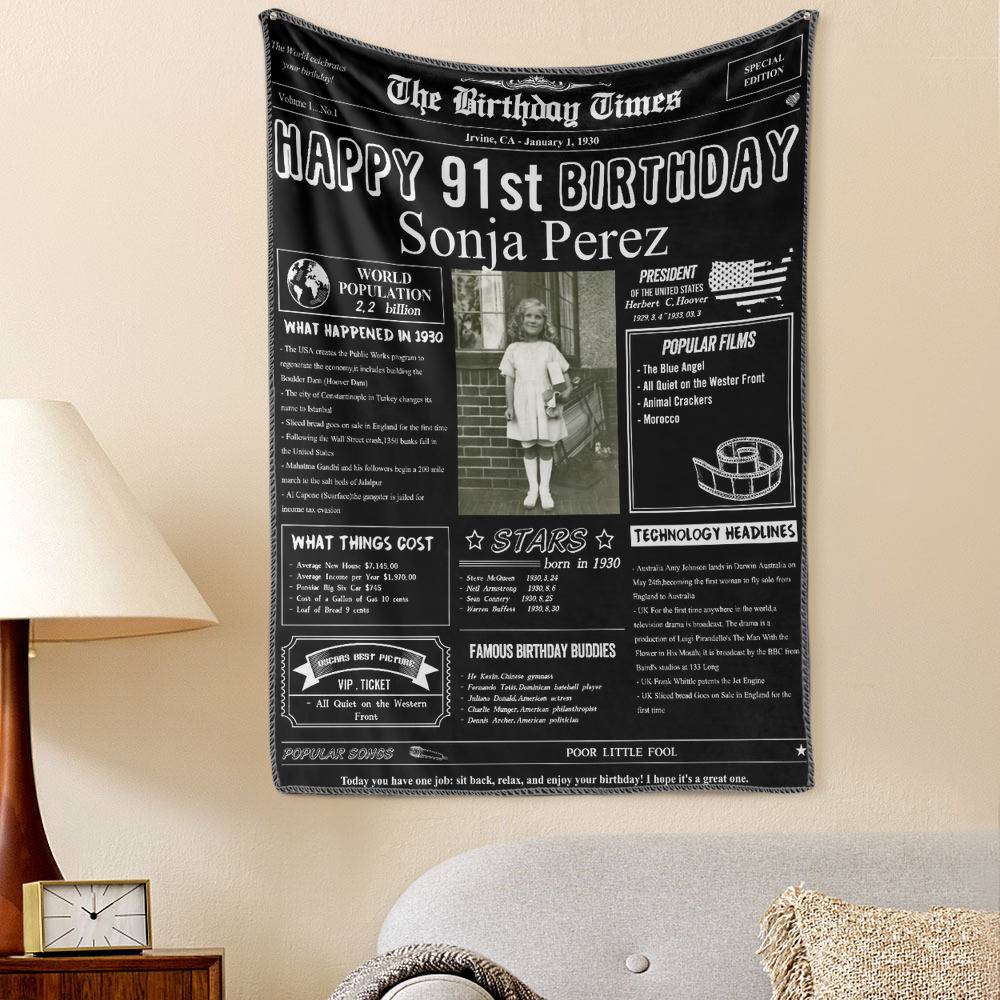 91st Birthday Gifts 100 Years History News Custom Photo Tapestry Gift Back In 1930